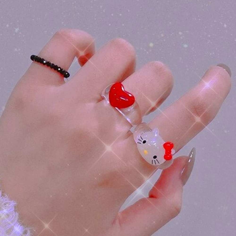 Women's Ring Set Hello Kitty, Red Heart  & Black Bead Band Acrylic Rings Size 6